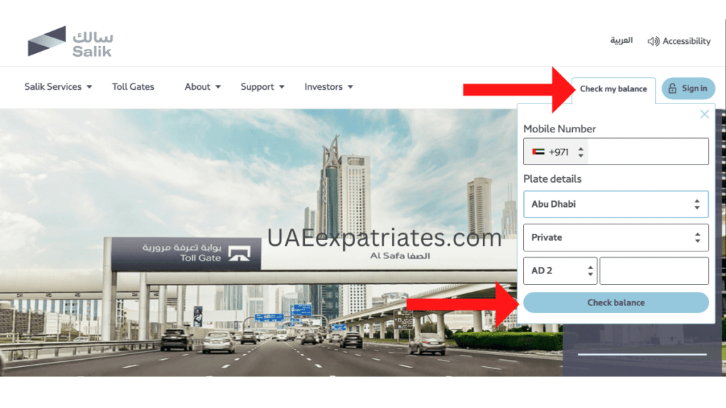 how to check salik balance without account number