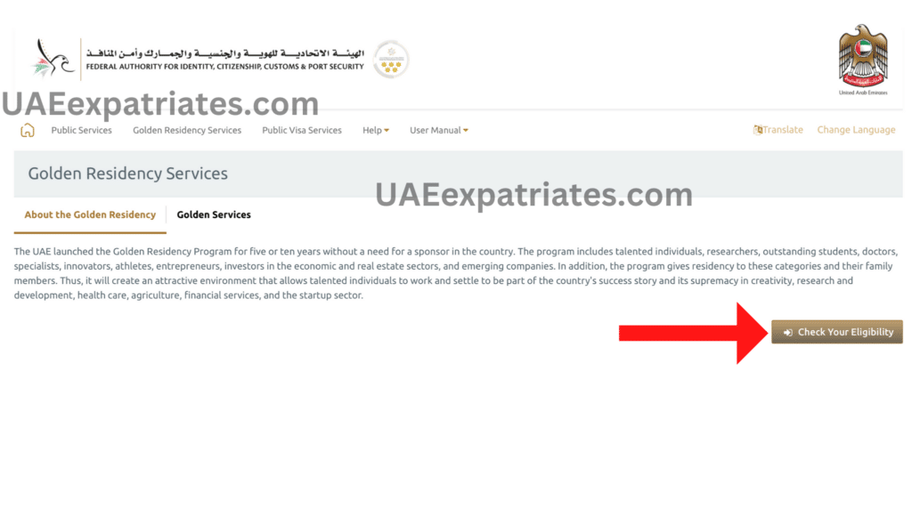 UAE Golden Visa Check Eligibility, ICP Smart Services Website