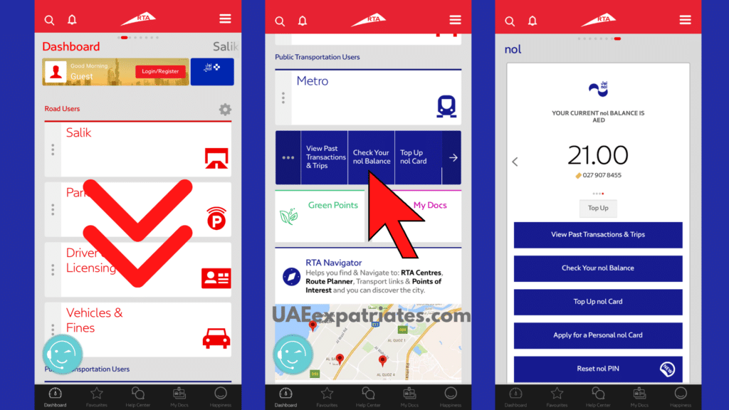 nol card balance check on mobile app by rta, dubai, smart card balance check,