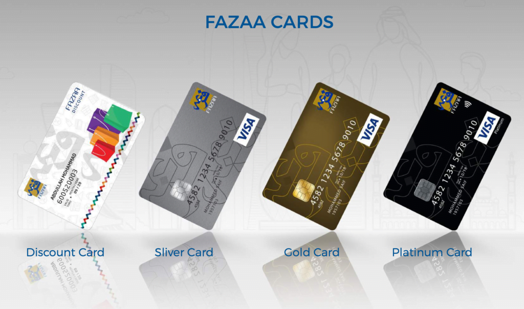 Fazaa Card types: Fazaa Platinum
Fazaa Gold, Fazaa Silver, Fazaa Discount, Fazaa Student