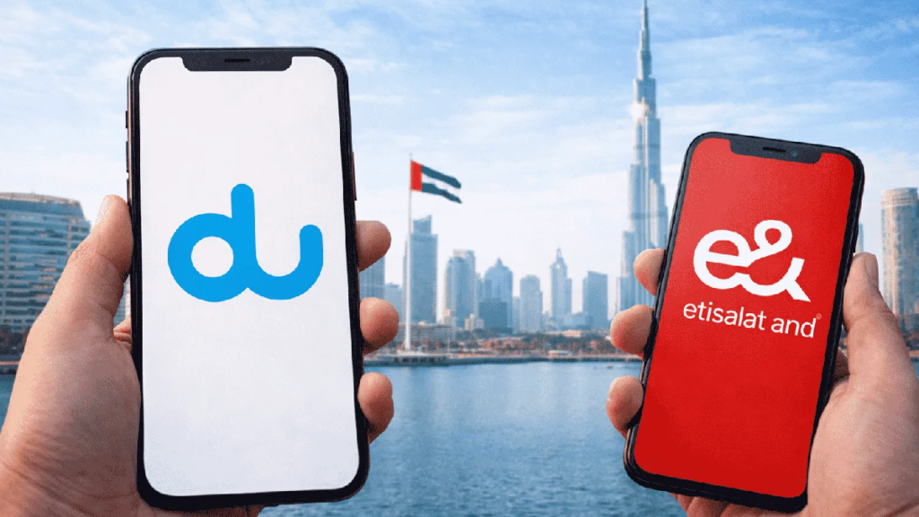 Smartphones displaying du and e& logos against the Dubai skyline with the UAE flag.